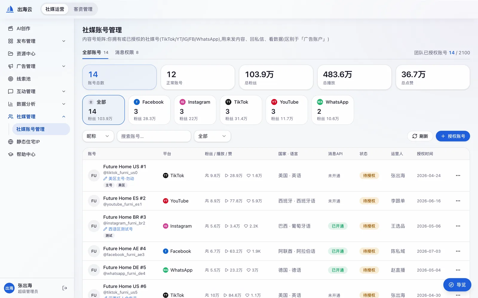 Account matrix screen listing connected TikTok, YouTube, Instagram and Facebook accounts with platform, market, owner and follower counts.