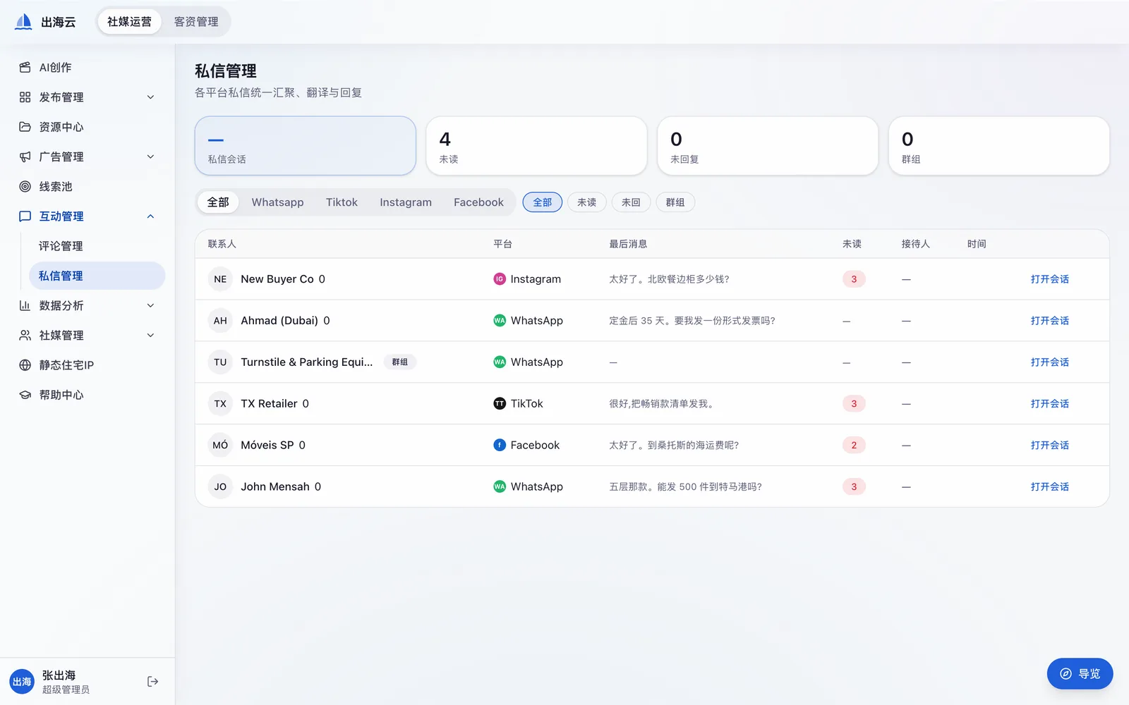 Unified inbox listing conversations from Instagram, WhatsApp, TikTok and Facebook with unread counts and assignee.